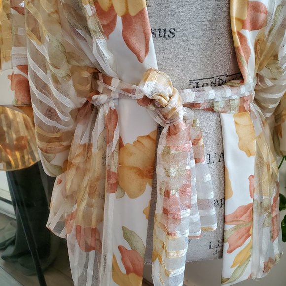 VINTAGE | Sheer Floral Robe Kimono Pastel Belted Night Gown (Size S) - Picture 4 of 13